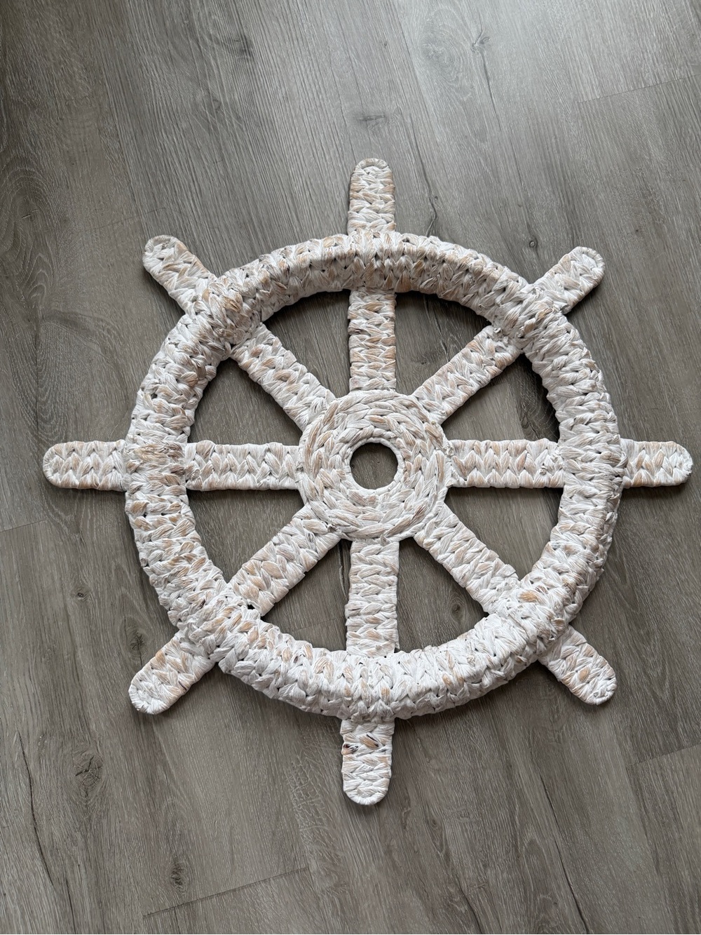 Nautical Ship Wheel Wall Decor - White and Natural Braided Wicker Rope Boho